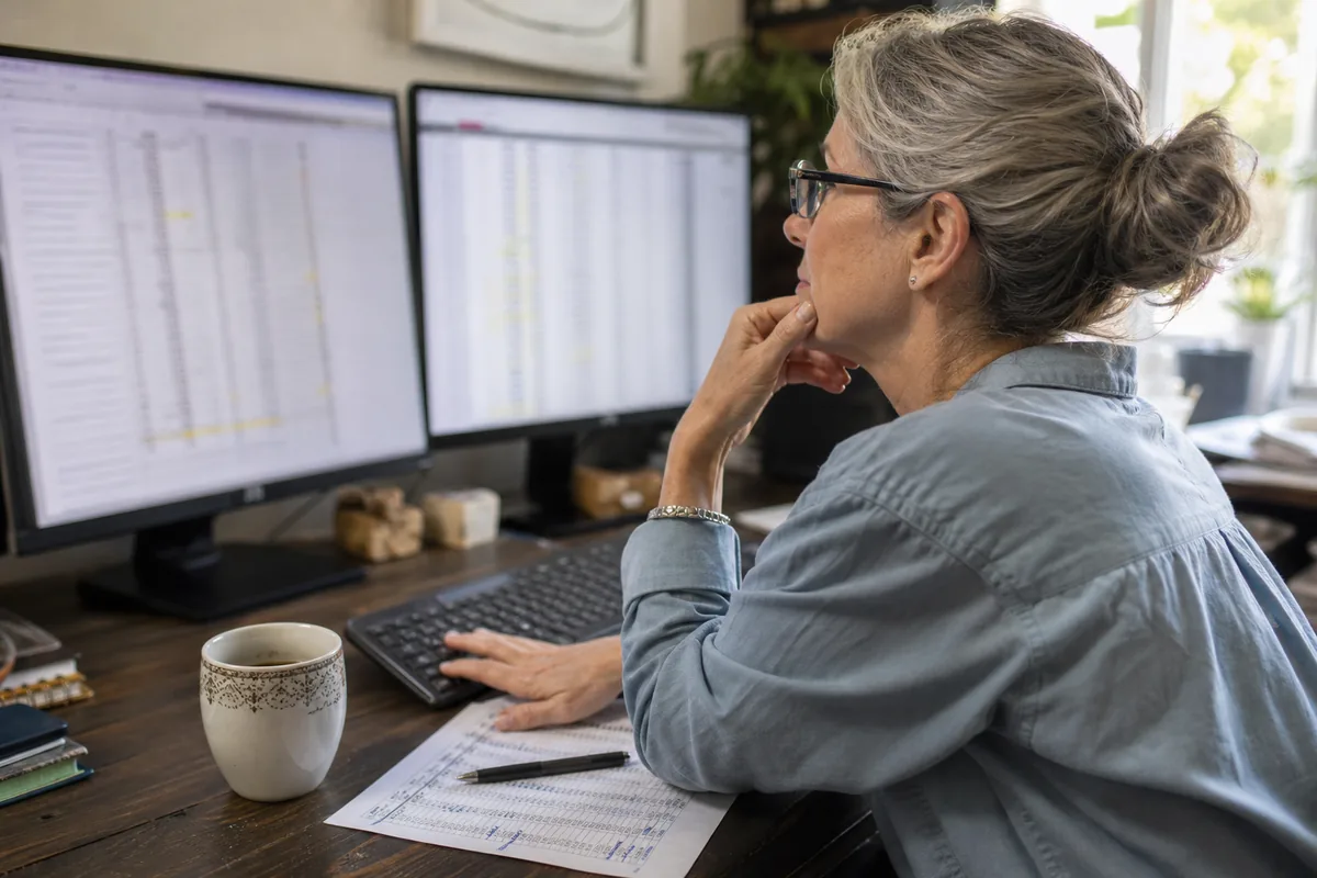 Domain portfolio owner reviewing a long list of names on two monitors