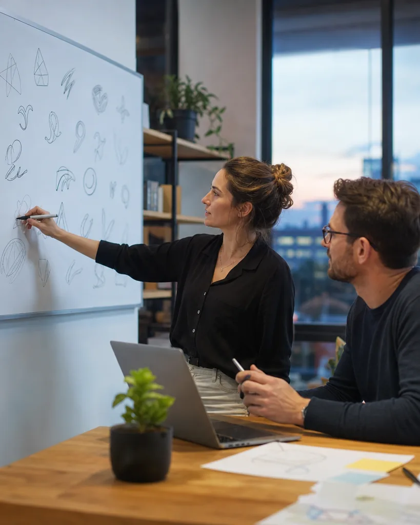 Two founders sketching name ideas for an AI startup on a whiteboard