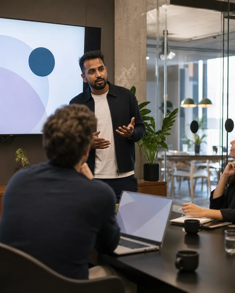Founder presenting a pitch deck to investors in a glass meeting room