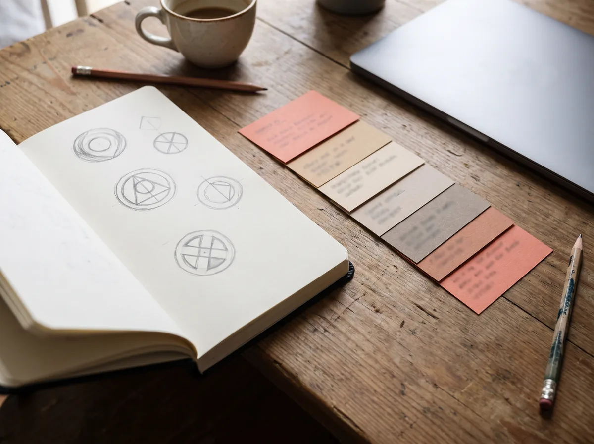 Brand name shortlist cards and logo sketches on a founder's desk