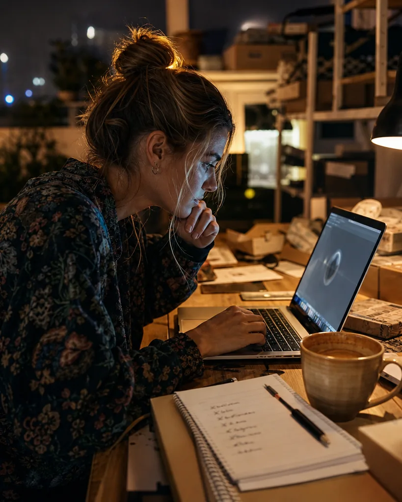Founder watching an expiring domain auction close on a laptop late at night, with a notepad of shortlisted names
