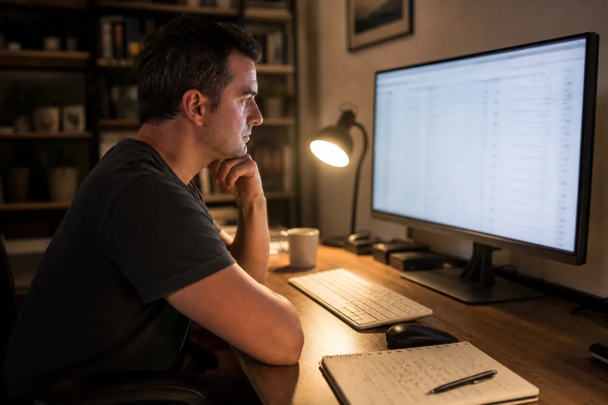 Domain investor at a desk reviewing a list of names and price estimates
