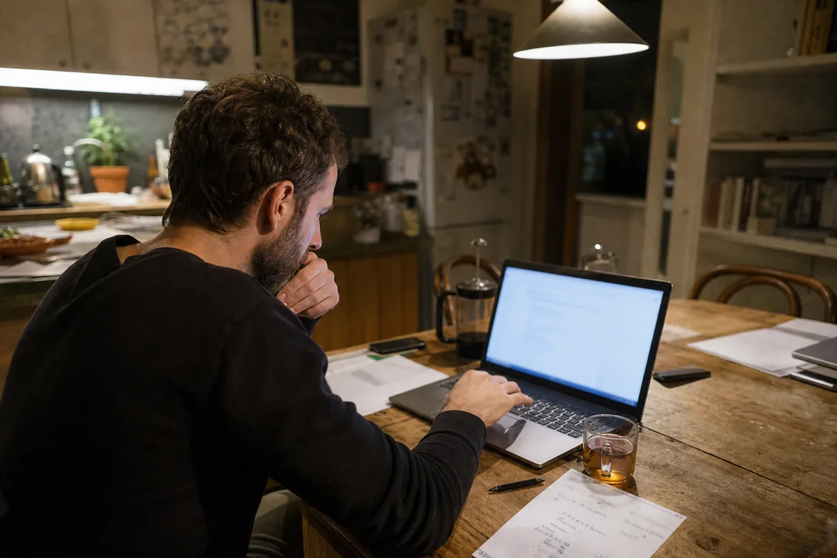 Founder at a kitchen table at night drafting an offer for a domain name on a laptop