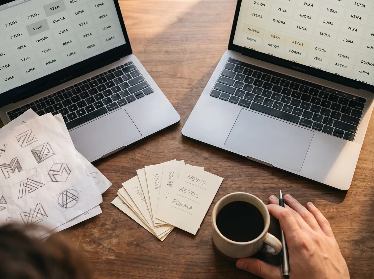 Founder's desk with a shortlist of brandable names and logo sketches