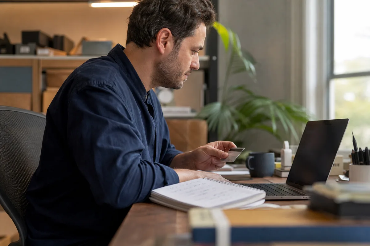 Founder holding a payment card while reviewing a domain purchase on a laptop, with a handwritten shortlist of names on the desk