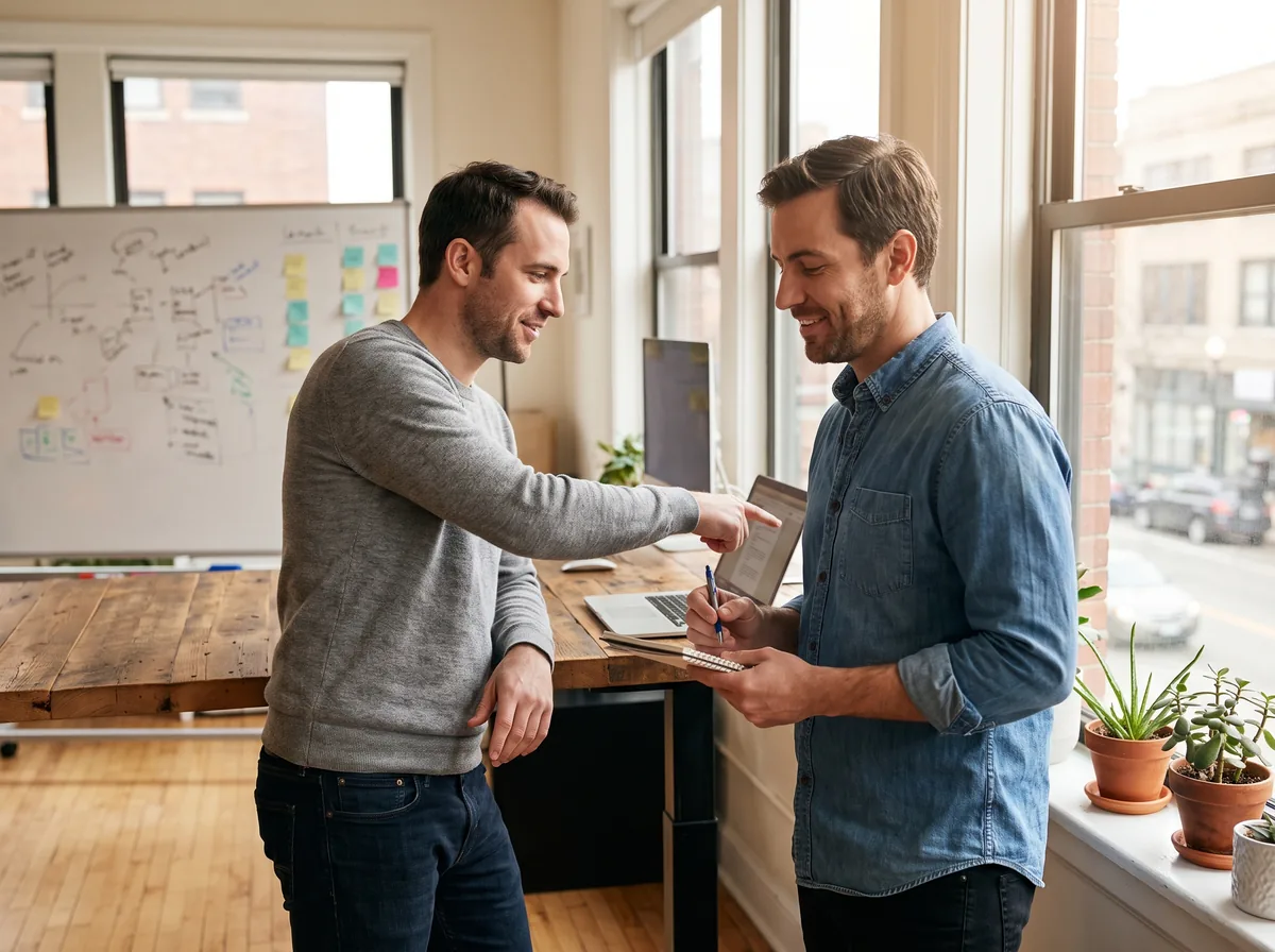 Two founders reviewing domain name options on a laptop